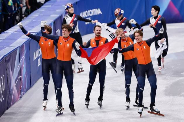 MILAN , 20-02-2026 , Milano Ice Skating Arena , Olympic Winter games, Winterspiele,Spiele, Summer games 2026 - Short Track 20-02 Men 5000m relay Final-A , Picture shows Team Netherlands (gold) Olympic Winter Games 2026 - Short Track 20-02  x201767072x Copyright:
