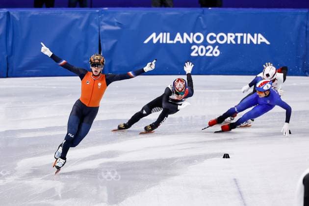 MILAN , 20-02-2026 , Milano Ice Skating Arena , Olympic Winter games, Winterspiele,Spiele, Summer games 2026 - Short Track 20-02 Men 5000m relay Final-A , Picture shows Team Netherlands (gold) Olympic Winter Games 2026 - Short Track 20-02  x201767150x Copyright: