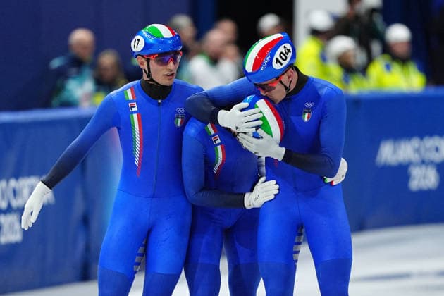 Team Italy bronze medal during the Short Track Speed skating, Eisschnelllauf Men s 5000m Relay at the Milano Cortina 2026 Winter Olympics, in Milan (Italy) February 20, 2026 (Photo Claudio Furlan LaPresse)  Copyright: xClaudioxFurlan LaPressex