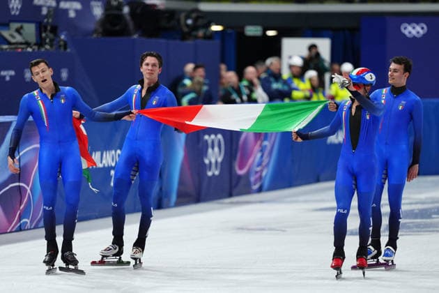 Team Italy bronze medal during the Short Track Speed skating, Eisschnelllauf Men s 5000m Relay at the Milano Cortina 2026 Winter Olympics, in Milan (Italy) February 20, 2026 (Photo Claudio Furlan LaPresse)  Copyright: xClaudioxFurlan LaPressex