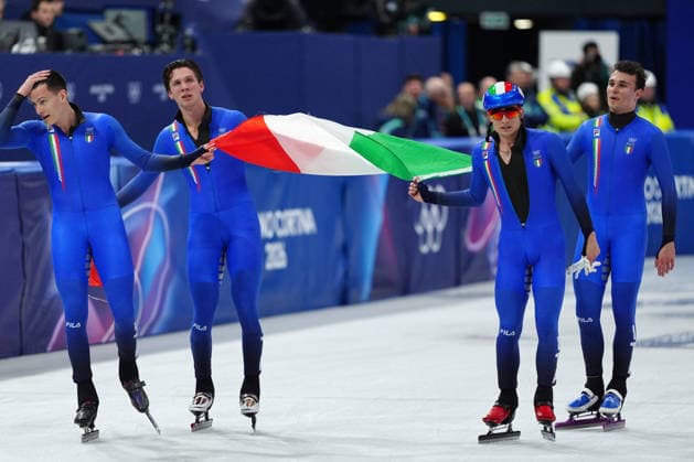 Team Italy bronze medal during the Short Track Speed skating, Eisschnelllauf Men s 5000m Relay at the Milano Cortina 2026 Winter Olympics, in Milan (Italy) February 20, 2026 (Photo Claudio Furlan LaPresse)  Copyright: xClaudioxFurlan LaPressex