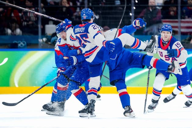 OLYMPICS - Winter Olympic Games, Olympische Spiele, Olympia, OS Milano Cortina 2026 MILAN,ITALY,20.FEB.26 - OLYMPICS, Ice hockey, Eishockey - Winter Olympic Games Milano Cortina 2026, semifinal, USA vs Slovakia, men. Image shows Charlie McAvoy (USA) and Pavol Regenda (SVK).  GEPAxpictures xMatthiasxTrinkl
