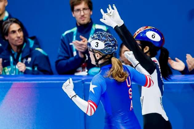 third Corinne Stoddard of United States of America and winner Gilli Kim of Republic of Korea celebrates after Women s 1500m Finals, Milano Cortina 2026 Winter Olympics: Day 14, Short Track Speed skating, Eisschnelllauf - Milano Cortina 2026 Winter Olympics: Day 14, Milano Speed Skating Stadium, February 20, 2026, Milan, Italy.