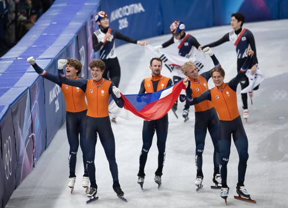 February 20, 2026, Milano, Lombardy, Italy: Team Netherlands celebrate winning the gold medal in the Short Track Speed skating, Eisschnelllauf Men s 5000m Relay Finals A during the 2026 Winter Olympics at the Milano Ice Skating Arena on Friday in Milano. Olympics 2026: Milano Cortina: Short Track Speed Skating Men s  - ZUMAj89_ 20260220_oly_j89_023 Copyright: xPaulxKitagakixJr.x