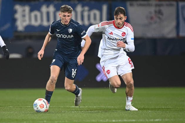 Callum MARSHALL BO vs Adam MARKHIEV N action, duel, Football 2 Bundesliga, 23 Matchday, matchday 23, VfL Bochum BO 1 FC Nuernberg 1 1 on 20 02 2026, Vonovia Ruhrstadion Bochum Germany DFL regulations prohibit any use of photographs as image sequences and or quasi video ÃÂ