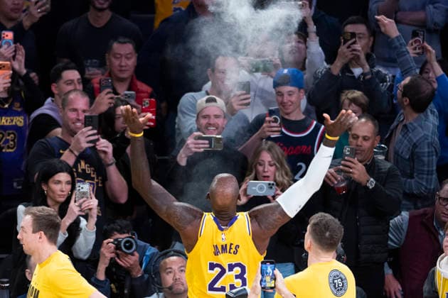 February 20, 2026, Los Angeles, California, USA: Los Angeles LakersÃ¢â‚¬â ¢ LeBron James (23) tosses powder before an NBA, Basketball Herren, USA basketball game against the Los Angeles Clippers at Crypto.com Arena on Friday, Feb. 20, 2026 in Los Angeles. Los Angeles USA - ZUMAc68_ 20260220_zaf_c68_003 Copyright: xRingoxChiux