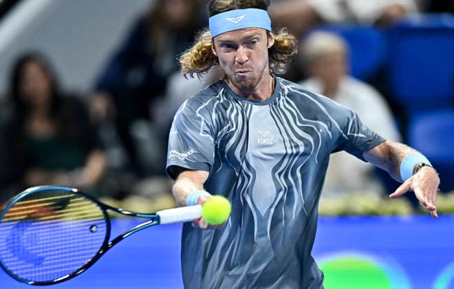 ATP, Tennis Herren Qatar Exxonmobil Open-semi-final Andrey Rublev of Russia celebrates after winning against Carlos Alcaraz of Spain in the semi-final at the ATP men s Qatar ExxonMobil Open 2026 tennis tournament at the Khalifa International Tennis Complex in Doha, Qatar, on February 20, 2026. DOHA Qatar Copyright: xNOUSHADx