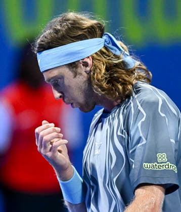 ATP, Tennis Herren Qatar Exxonmobil Open-semi-final Andrey Rublev of Russia celebrates after winning against Carlos Alcaraz of Spain in the semi-final at the ATP men s Qatar ExxonMobil Open 2026 tennis tournament at the Khalifa International Tennis Complex in Doha, Qatar, on February 20, 2026. DOHA Qatar Copyright: xNOUSHADx