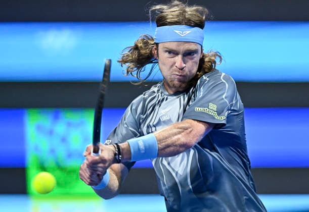 ATP, Tennis Herren Qatar Exxonmobil Open-semi-final Andrey Rublev of Russia celebrates after winning against Carlos Alcaraz of Spain in the semi-final at the ATP men s Qatar ExxonMobil Open 2026 tennis tournament at the Khalifa International Tennis Complex in Doha, Qatar, on February 20, 2026. DOHA Qatar Copyright: xNOUSHADx