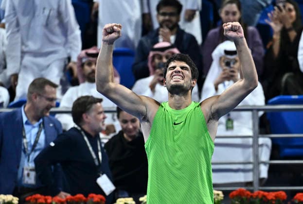ATP, Tennis Herren Qatar Exxonmobil Open-semi-final Carlos Alcaraz of Spain celebrates after winning against Andrey Rublev of Russia in the semi-final at the ATP men s Qatar ExxonMobil Open 2026 tennis tournament at the Khalifa International Tennis Complex in Doha, Qatar, on February 20, 2026. DOHA Qatar Copyright: xNOUSHADx