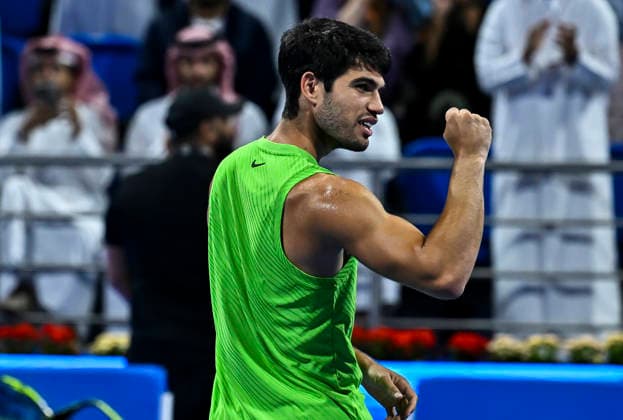 ATP, Tennis Herren Qatar Exxonmobil Open-semi-final Carlos Alcaraz of Spain celebrates after winning against Andrey Rublev of Russia in the semi-final at the ATP men s Qatar ExxonMobil Open 2026 tennis tournament at the Khalifa International Tennis Complex in Doha, Qatar, on February 20, 2026. DOHA Qatar Copyright: xNOUSHADx