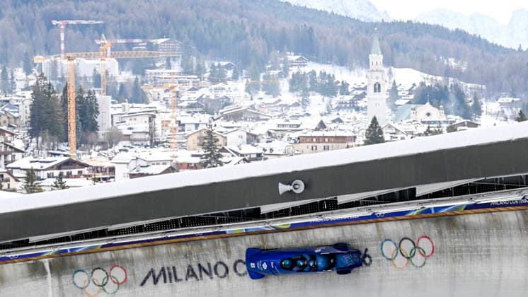OLYMPICS - Winter Olympic Games, Olympische Spiele, Olympia, OS Milano Cortina 2026 CORTINA D AMPEZZO,ITALY,21.FEB.26 - OLYMPICS, BOBSLEIGH - Winter Olympic Games Milano Cortina 2026, 4-man, heat 1 and 2, men. Image shows Brad Hall, Greg Cackett, Leon Greenwood and Taylor Lawrence (GBR).  GEPAxpictures xAlexanderxSolc
