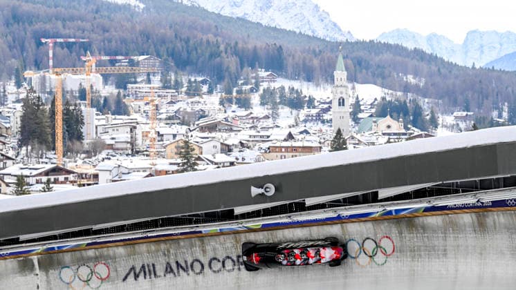 OLYMPICS - Winter Olympic Games, Olympische Spiele, Olympia, OS Milano Cortina 2026 CORTINA D AMPEZZO,ITALY,21.FEB.26 - OLYMPICS, BOBSLEIGH - Winter Olympic Games Milano Cortina 2026, 4-man, heat 1 and 2, men. Image shows Jay Dearborn, Yohan Eskrick-Parkinson, Luka Stoikos and Mark Zanette (CAN).  GEPAxpictures xAlexanderxSolc