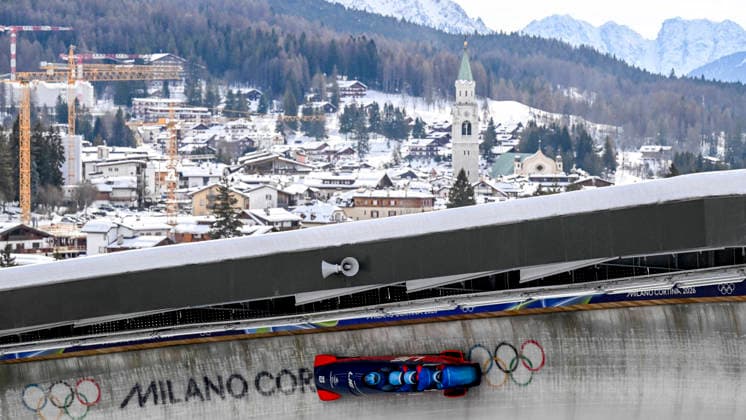 OLYMPICS - Winter Olympic Games, Olympische Spiele, Olympia, OS Milano Cortina 2026 CORTINA D AMPEZZO,ITALY,21.FEB.26 - OLYMPICS, BOBSLEIGH - Winter Olympic Games Milano Cortina 2026, 4-man, heat 1 and 2, men. Image shows Martin Kranz, Mauro Buehler, Lorenz Lenherr and David Tschofen (LIE).  GEPAxpictures xAlexanderxSolc