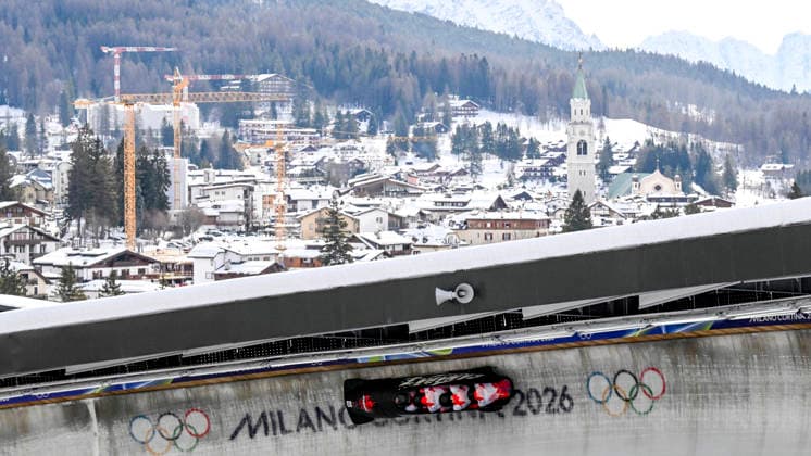 OLYMPICS - Winter Olympic Games, Olympische Spiele, Olympia, OS Milano Cortina 2026 CORTINA D AMPEZZO,ITALY,21.FEB.26 - OLYMPICS, BOBSLEIGH - Winter Olympic Games Milano Cortina 2026, 4-man, heat 1 and 2, men. Image shows Taylor Austin, Keaton Bruggeling, Mike Evelyn and Shaquille Murray-Lawrence (CAN).  GEPAxpictures xAlexanderxSolc