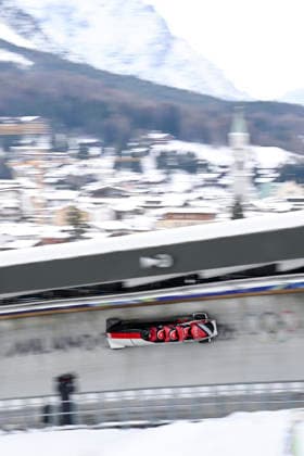 OLYMPICS - Winter Olympic Games, Olympische Spiele, Olympia, OS Milano Cortina 2026 CORTINA D AMPEZZO,ITALY,21.FEB.26 - OLYMPICS, BOBSLEIGH - Winter Olympic Games Milano Cortina 2026, 4-man, heat 1 and 2, men. Image shows Axel Brown, De Aundre John, Shakeel John and Xaverri Williams (TTO).  GEPAxpictures xAlexanderxSolc