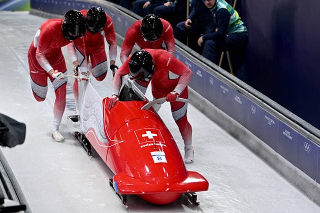 Cortina d Ampezzo, Italy, February 21th 2026. Cedric Follador, Luca Rolli, Tim Annen, Omar Vogele of Switzwerland in action during the Bobsleight 4-man Heat 1 race of the Olympic Winter games, Winterspiele,Spiele, Summer games 2026 in Cortina d Ampezzo, Italy. (Photo by Igor Kupljenik Sports Press Photo)  Copyright: xIgorxKupljenikx xSPPx Sportspressphoto_SPR95324