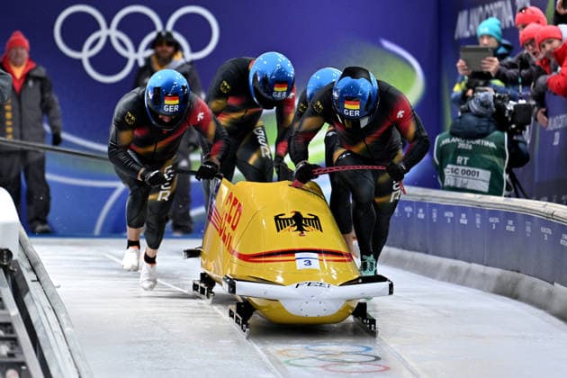 Cortina d Ampezzo, Italy, February 21th 2026. Ammour Adam, Ammour, Tasche, Schaller of Germany in action during the Bobsleight 4-man Heat 1 race of the Olympic Winter games, Winterspiele,Spiele, Summer games 2026 in Cortina d Ampezzo, Italy. (Photo by Igor Kupljenik Sports Press Photo)  Copyright: xIgorxKupljenikx xSPPx Sportspressphoto_SPR95326