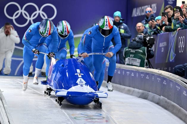 Cortina d Ampezzo, Italy, February 21th 2026. Patrick Baumgartner, Lorenzo Bilotti, Eric Fantazzini, Robert Mircea of Italy in action during the Bobsleight 4-man Heat 1 race of the Olympic Winter games, Winterspiele,Spiele, Summer games 2026 in Cortina d Ampezzo, Italy. (Photo by Igor Kupljenik Sports Press Photo)  Copyright: xIgorxKupljenikx xSPPx Sportspressphoto_SPR95327