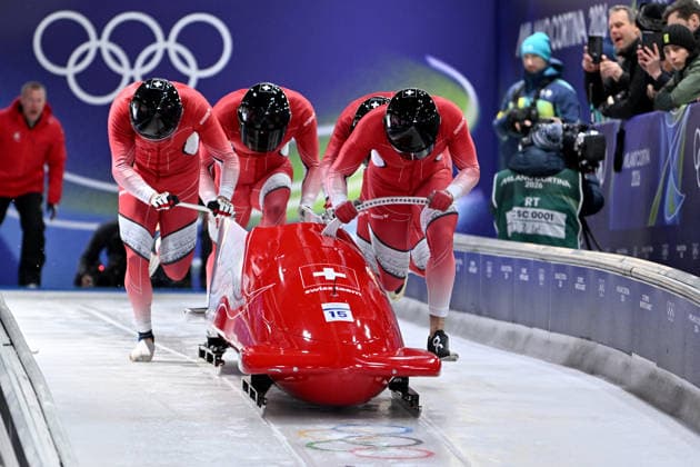 Cortina d Ampezzo, Italy, February 21th 2026. Timo Rohner, Pascal Moser, Mathieu Hersperger, Cyril Bieri of Switzwerland in action during the Bobsleight 4-man Heat 1 race of the Olympic Winter games, Winterspiele,Spiele, Summer games 2026 in Cortina d Ampezzo, Italy. (Photo by Igor Kupljenik Sports Press Photo)  Copyright: xIgorxKupljenikx xSPPx Sportspressphoto_SPR95335