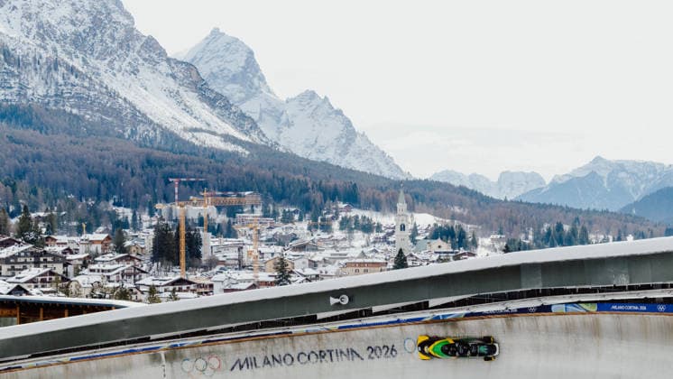 OLYMPICS - Winter Olympic Games, Olympische Spiele, Olympia, OS Milano Cortina 2026 CORTINA D AMPEZZO,ITALY,21.FEB.26 - OLYMPICS, BOBSLEIGH - Winter Olympic Games Milano Cortina 2026, 4-man, heat 1 and 2, men. Image shows Shane Pitter (JAM), Junior Harris (JAM), Tyquendo Tracey (JAM) and Joel Fearon (JAM).  GEPAxpictures xAlexanderxSolc