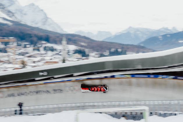 OLYMPICS - Winter Olympic Games, Olympische Spiele, Olympia, OS Milano Cortina 2026 CORTINA D AMPEZZO,ITALY,21.FEB.26 - OLYMPICS, BOBSLEIGH - Winter Olympic Games Milano Cortina 2026, 4-man, heat 1 and 2, men. Image shows Axel Brown (TTO), De Aundre John (TTO), Shakeel John (TTO) and Xaverri Williams (TTO).  GEPAxpictures xAlexanderxSolc
