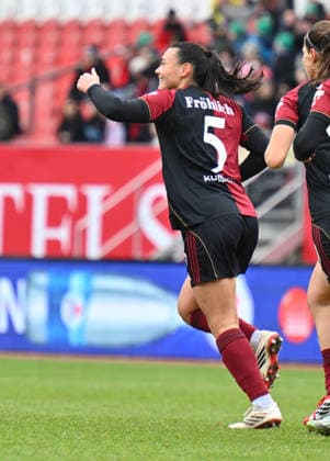 21 02 2026 Soccer season 2025 2026 1 Google Pixel Women Bundesliga 19 Matchday 1 FC Nuremberg FCN Club Clubfrauen FC Carl Zeiss Jena Sportfoto Zink xwoxzix Goal celebration Joy after goal Goal shot to 1 0 by Clara Fröhlich Froehlich 5, 1 FC Nuremberg FCN