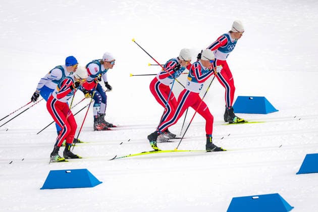 OLYMPICS - Winter Olympic Games, Olympische Spiele, Olympia, OS Milano Cortina 2026 TESERO,ITALY,21.FEB.26 - OLYMPICS, NORDIC SKIING, NORDIC COMBINED, CROSS COUNTRY - Winter Olympic Games Milano Cortina 2026, 50km, mass start, classic, men. Image shows Emil Iversen (NOR), Iivo Niskanen (FIN), Gus Schumacher (USA), Harald Oestberg Amundsen, Martin Loewstroem Nyenget and Johannes Hoesflot Klaebo (NOR).  GEPAxpictures xMatthiasxTrinkl