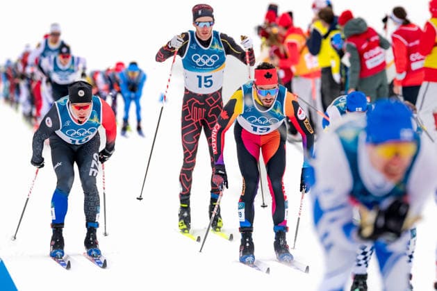 OLYMPICS - Winter Olympic Games, Olympische Spiele, Olympia, OS Milano Cortina 2026 TESERO,ITALY,21.FEB.26 - OLYMPICS, NORDIC SKIING, NORDIC COMBINED, CROSS COUNTRY - Winter Olympic Games Milano Cortina 2026, 50km, mass start, classic, men. Image shows Michal Novak (CZE), Florian Notz (GER) and Antoine Cyr (CAN).  GEPAxpictures xMatthiasxTrinkl