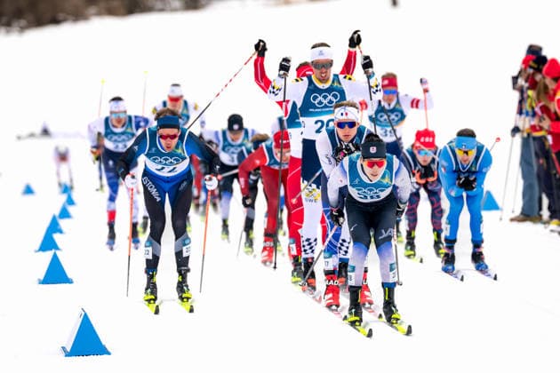 OLYMPICS - Winter Olympic Games, Olympische Spiele, Olympia, OS Milano Cortina 2026 TESERO,ITALY,21.FEB.26 - OLYMPICS, NORDIC SKIING, NORDIC COMBINED, CROSS COUNTRY - Winter Olympic Games Milano Cortina 2026, 50km, mass start, classic, men. Image shows Alvar Johannes Alev (EST), Naoto Baba (JPN), Victor Lovera (FRA) and Calle Halfvarsson (SWE).  GEPAxpictures xMatthiasxTrinkl