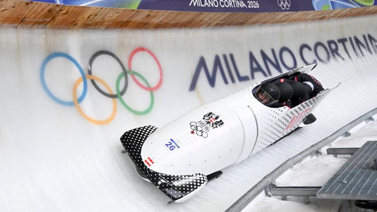 OLYMPICS - Winter Olympic Games, Olympische Spiele, Olympia, OS Milano Cortina 2026 CORTINA D AMPEZZO,ITALY,21.FEB.26 - OLYMPICS, BOBSLEIGH - Winter Olympic Games Milano Cortina 2026, 4-man, heat 1 and 2, men. Image shows Jakob Mandlbauer, Daniel Bertschler, Sebastian Mitterer and Daiyehan Nichols-Bardi (AUT).  GEPAxpictures xAlexanderxSolc