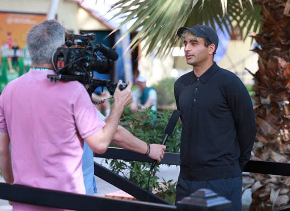 Benjamin Hassan LBN gives TV interview, private, Dubai Duty Free Tennis Championships, Dubai, U A E Tennis Dubai Tennis Championships 2026 ATP Dubai Duty Free Tennis Stadium Dubai United Arab Emirates 21 February 2026 Copyright: xJuergenxHasenkopfx
