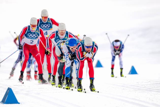 OLYMPICS - Winter Olympic Games, Olympische Spiele, Olympia, OS Milano Cortina 2026 TESERO,ITALY,21.FEB.26 - OLYMPICS, NORDIC SKIING, NORDIC COMBINED, CROSS COUNTRY - Winter Olympic Games Milano Cortina 2026, 50km, mass start, classic, men. Image shows Martin Loewstroem Nyenget (NOR), Iivo Niskanen (FIN), Savelii Korostelev (AIN), Johannes Hoesflot Klaebo, Harald Oestberg Amundsen and Emil Iversen (NOR).  GEPAxpictures xMatthiasxTrinkl