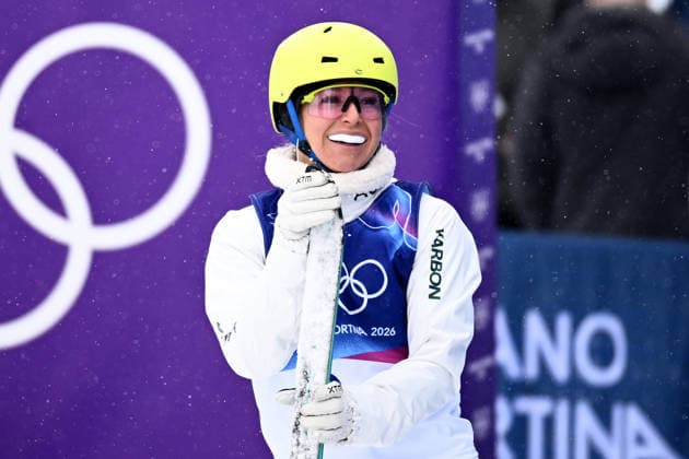 2026 WINTER Olympic Games, Olympische Spiele, Olympia, OS Danielle Scott of Australia reacts after landing her first jump during the Mixed Team Aerials finals at the Livigno Aerials and Moguls Park on day 15 of the 2026 Milano Cortina Winter Olympic Games in Livigno, Italy, Saturday, February 21, 2026. ( NO ARCHIVING, EDITORIAL USE ONLY LIVIGNO SONDRIO ITALY  Copyright: xDANxHIMBRECHTSx 20260221184255986230