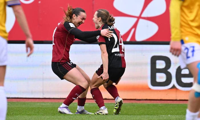 21 02 2026 Soccer Season 2025 2026 1 Google Pixel Women Bundesliga 19 Matchday 1 FC Nürnberg FCN Club Clubfrauen FC Carl Zeiss Jena Sportfoto Zink xwoxzix Goal celebration Joy after goal Goal shot to 4 0 by Nastassja Lein 24, 1 FC Nürnberg FCN Lara Meroni 11, 1 FC Nürnberg FCN Nastassja Lein 24, 1 FC Nürnberg FCN