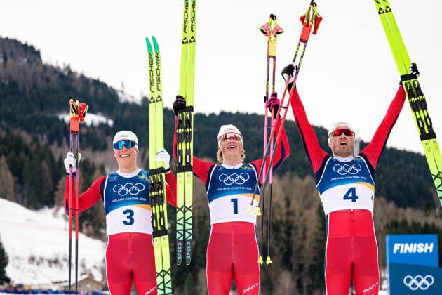 260221 Emil Iversen, Johannes Hosflot Klaebo and Martin Lowstroem Nyenget of Norway celebrate after competing in the men s 50km classic technique cross-country skiing race during day 15 of the 2026 Winter Olympics on February 21, 2026 in Val di Fiemme. Photo: Maxim Thore BILDBYRAN kod MT MT1001 skidor cross-country skiing langrenn Olympic Games, Olympische Spiele, Olympia, OS olympics winter olympics os ol olympiska spel vinter-os olympiske leker milano cortina 2026 milan cortina 2026 milano cortina 2026 olympic games milano cortina 2026 winter olympic games milano cortina-os milano cortina-ol vinter-ol 15 bbeng norge jubel guld silver brons bronze gold gull *** 260221 Emil Iversen, Johannes Hosflot Klaebo and Martin Lowstroem Nyenget of Norway celebrate after competing in the men s 50km classic technique cross country skiing race during day 15 of the 2026 Winter Olympics on February 21, 2026 in Val di Fiemme Photo Maxim Thore BILDBYRAN kod MT MT1001 skidor cross country skiing langrenn olympic games olympics winter olympics os ol olympiska spel vinter os olympiske leker milano cortina 2026 milan cortina 2026 milano cortina 2026 olympic games milano cortina 2026 winter olympic games milano cortina os milano cortina ol vinter ol 15 bbeng norge jubel guld silver bronz bronze gold gull  Copyright: MAXIMxTHORE BB260221MT081