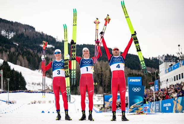260221 Emil Iversen, Johannes Hosflot Klaebo and Martin Lowstroem Nyenget of Norway celebrate after competing in the men s 50km classic technique cross-country skiing race during day 15 of the 2026 Winter Olympics on February 21, 2026 in Val di Fiemme. Photo: Maxim Thore BILDBYRAN kod MT MT1001 skidor cross-country skiing langrenn Olympic Games, Olympische Spiele, Olympia, OS olympics winter olympics os ol olympiska spel vinter-os olympiske leker milano cortina 2026 milan cortina 2026 milano cortina 2026 olympic games milano cortina 2026 winter olympic games milano cortina-os milano cortina-ol vinter-ol 15 bbeng norge jubel guld silver brons bronze gold gull *** 260221 Emil Iversen, Johannes Hosflot Klaebo and Martin Lowstroem Nyenget of Norway celebrate after competing in the men s 50km classic technique cross country skiing race during day 15 of the 2026 Winter Olympics on February 21, 2026 in Val di Fiemme Photo Maxim Thore BILDBYRAN kod MT MT1001 skidor cross country skiing langrenn olympic games olympics winter olympics os ol olympiska spel vinter os olympiske leker milano cortina 2026 milan cortina 2026 milano cortina 2026 olympic games milano cortina 2026 winter olympic games milano cortina os milano cortina ol vinter ol 15 bbeng norge jubel guld silver bronz bronze gold gull  Copyright: MAXIMxTHORE BB260221MT082