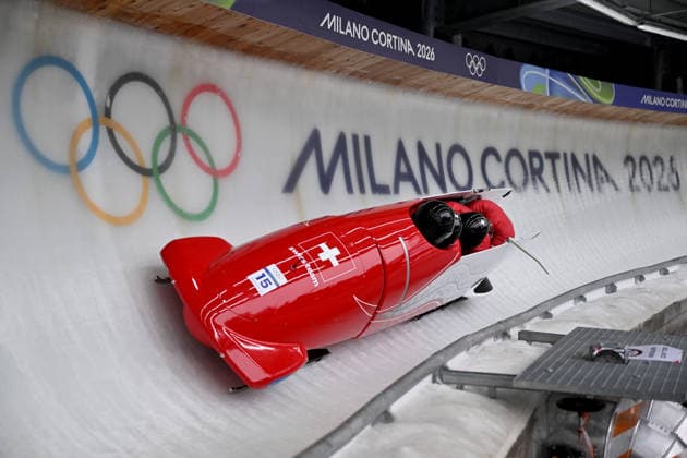 Cortina d Ampezzo, Italy, February 21th 2026. Timo Rohner, Pascal Moser, Mathieu Hersperger, Cyril Bieri of Switzwerland in action during the Bobsleight 4-man Heat 2 race of the Olympic Winter games, Winterspiele,Spiele, Summer games 2026 in Cortina d Ampezzo, Italy. (Photo by Igor Kupljenik Sports Press Photo)  Copyright: xIgorxKupljenikx xSPPx Sportspressphoto_SPR95513