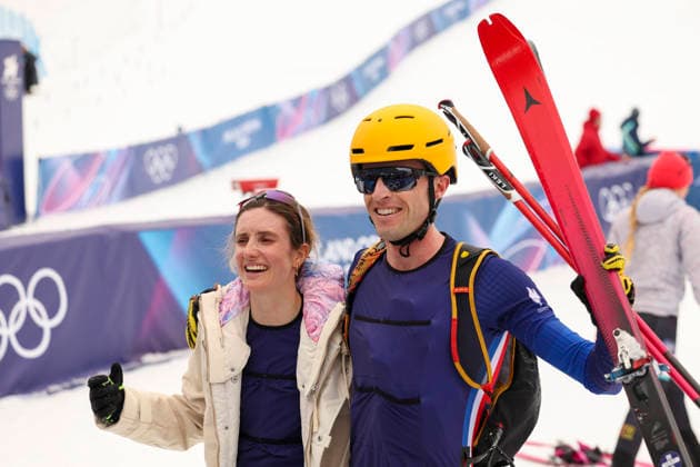 OLYMPICS - Winter Olympic Games, Olympische Spiele, Olympia, OS Milano Cortina 2026 BORMIO,ITALY,21.FEB.26 - OLYMPICS, SKI MOUNTAINEERING - Winter Olympic Games Milano Cortina 2026, Skicross, mixed relay, final. Image shows the rejoicing of Emily Harrop and Thibault Anselmet (FRA).  GEPAxpictures xHaraldxSteiner