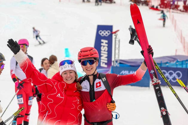 OLYMPICS - Winter Olympic Games, Olympische Spiele, Olympia, OS Milano Cortina 2026 BORMIO,ITALY,21.FEB.26 - OLYMPICS, SKI MOUNTAINEERING - Winter Olympic Games Milano Cortina 2026, Skicross, mixed relay, final. Image shows the rejoicing of Marianne Fatton and Jon Kistler (SUI).  GEPAxpictures xHaraldxSteiner