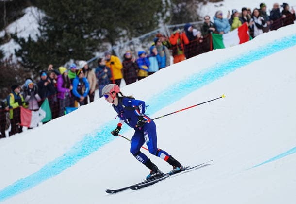 (260221) -- BORMIO, Feb. 21, 2026 -- Emily Harrop of France competes during the ski mountaineering mixed relay event at the Milan-Cortina 2026 Olympic Winter games, Winterspiele,Spiele, Summer games in Bormio, Italy, Feb. 21, 2026. ) (MICO2026)ITALY-BORMIO-OLYMPIC WINTER GAMES-SKI MOUNTAINEERING-MIXED RELAY YanxLinyun 