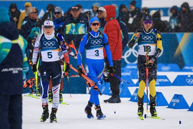 Oceane Michelon (FRA), Lisa Vittozzi (ITA) and Linn Gestblom (SWE) during the Olympic Winter games, Winterspiele,Spiele, Summer games Milano-Cortina 2026, Biathlon Women s 12.5km Mass Start on February 21, 2026 at Antholz-Anterselva Biathlon Arena in Anterselva, Italy  Copyright: xLucianoxMariaxBisi IPAxSportx xipa-agency.netx xx IPA_71814401 IPA_Agency_IPA71814401
