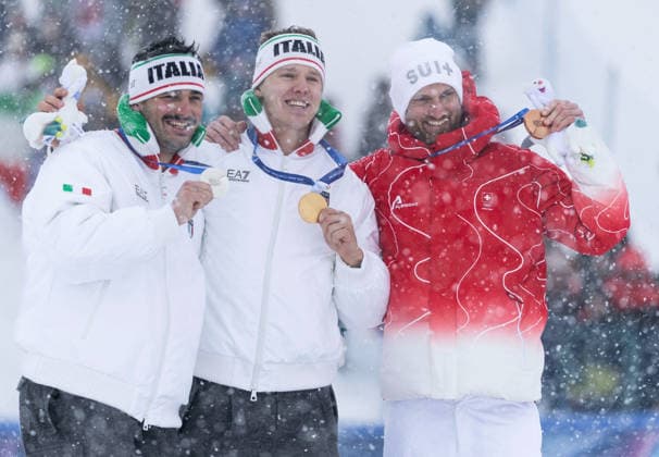 OLYMPICS - Winter Olympic Games, Olympische Spiele, Olympia, OS Milano Cortina 2026 LIVIGNO,ITALY,21.FEB.26 - OLYMPICS, FREE SKI, FREESTYLE SKIING - Winter Olympic Games Milano Cortina 2026, Skicross, men, final, medal ceremony. Image shows Federico Tomasoni (ITA), Simone Deromedis (ITA) and Alex Fiva (SUI). Keywords: medal.  GEPAxpictures xWolfgangxGrebien