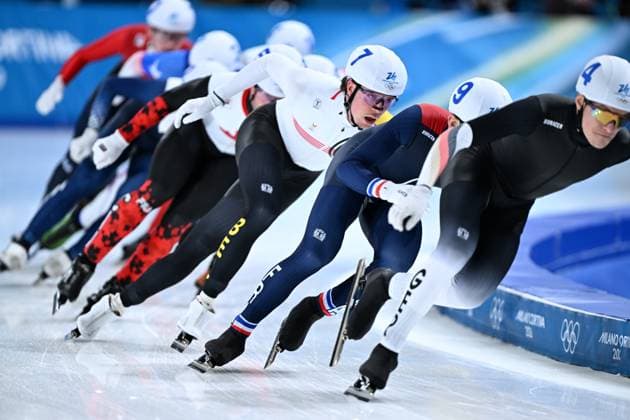 Belgian speed skater Indra Medard pictured in action during the semifinals of the mass start men Speed skating, Eisschnelllauf at the Milano Cortina 2026 Olympic Winter games, Winterspiele,Spiele, Summer games on Saturday 21 February 2026 in Milan, Italy. The XXV Winter Olympics take place from 6 to 22 February 2026 in Italy. JASPERxJACOBS  x164413832x