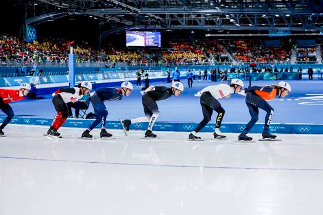 Jorrit Bergsma of the Netherlands and Indra Medard of Belgium and Felix Maly of Germany and Mathieu Belloir of France and Antoine Gelinas-Beaulieu of Canada and Sigurd Holbo Dyrset of Norway Men s Mass Start Semifinals, Milano Cortina 2026 Winter Olympics: Day 15, Speed skating, Eisschnelllauf - Milano Cortina 2026 Winter Olympics: Day 15, Milano Speed Skating Stadium, February 21, 2026, Milan, Italy.
