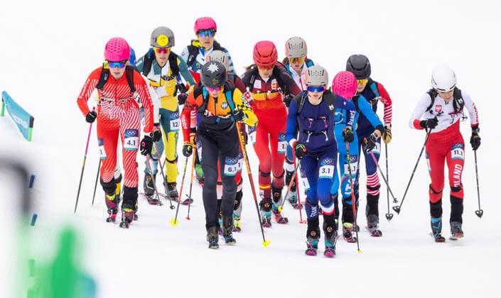 OLYMPICS - Winter Olympic Games, Olympische Spiele, Olympia, OS Milano Cortina 2026 BORMIO,ITALY,21.FEB.26 - OLYMPICS, SKI MOUNTAINEERING - Winter Olympic Games Milano Cortina 2026, Skicross, mixed relay, final. Image shows Johanna Hiemer (AUT), Tatjana Paller (GER), Emily Harrop (FRA) and Iwona Januszyk (POL).  GEPAxpictures xHaraldxSteiner