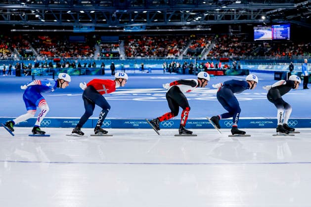 Milano Cortina 2026 Winter Olympics, Speed skating, Eisschnelllauf Italy Felix Maly of Germany, Mathieu Belloir of France, Antoine Gelinas-Beaulieu of Canada, Sigurd Holbo Dyrset of Norway and Jordan Stolz of USA competing in the Speed Skating Men s Mass Start Semifinals on Day 15 of the Milano Cortina 2026 Winter Olympics at the Milano Speed Skating Stadium in Milan, Italy, February 21, 2026. Milan Italy  Copyright: xMatrixxImagesx xHenkxJanxDijksx