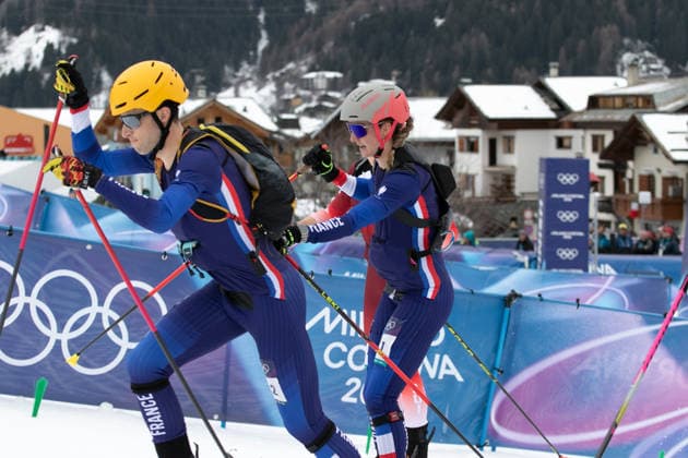 February 21, 2026, Milan, Lombardy, Italy: EMILY HARROP and THIBAULT ANDELMET Team France tag during Mountaineering Team Relay at the Stelvio Ski Centre during the 2026 Milano Cortina Winter Olympics. Team France won the gold. Milan Italy - ZUMAa19_ 20260221_oly_a19_002 Copyright: xAngelxAdamsx