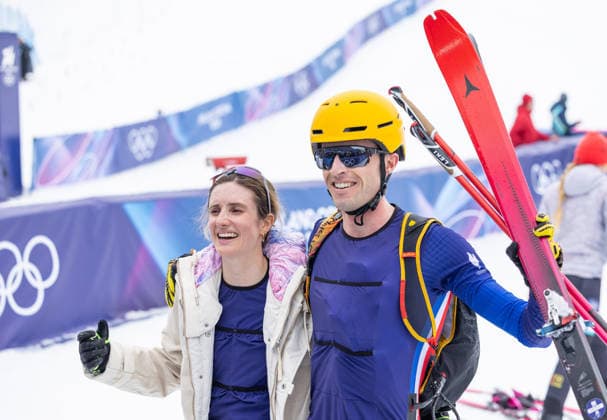 OLYMPICS - Winter Olympic Games, Olympische Spiele, Olympia, OS Milano Cortina 2026 BORMIO,ITALY,21.FEB.26 - OLYMPICS, SKI MOUNTAINEERING - Winter Olympic Games Milano Cortina 2026, Skicross, mixed relay, final. Image shows Emily Harrop and Thibault Anselmet (FRA).  GEPAxpictures xHaraldxSteiner