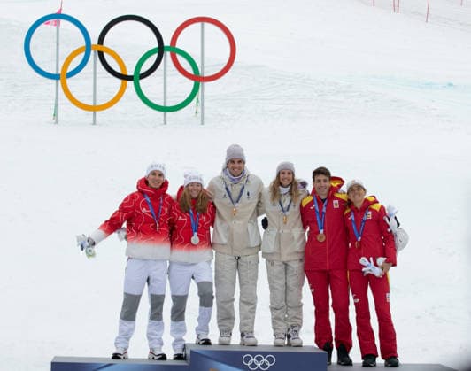 February 21, 2026, Milan, Lombardy, Italy: EMILY HARROP and THIBAULT ANDELMET Team France won Gold, MARIANNE FATTON and JON KISTLER Team Switzerland won Silver, and ANA ALONSO RODRIGUEZ and ORIO: CARDONA COLL of Team Spain took Bronze Mountaineering Team Relay at the Stelvio Ski Centre during the 2026 Milano Cortina Winter Olympics. Moutaineering is debuting this year at the Olympics Olympics 2026: Milano Cortina: Mountaineering Relay: Medals  - ZUMAa19_ 20260221_oly_a19_006 Copyright: xAngelxAdamsx